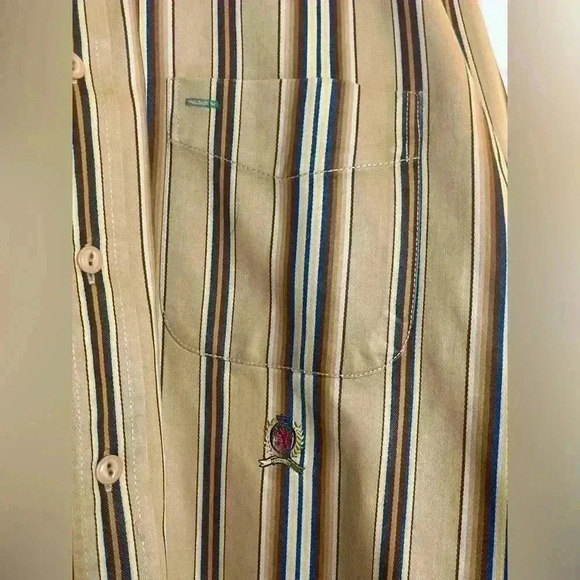 Tommy Hilfiger Men’s Beige Striped Collarless Shirt Crest Heavyweight Large - Picture 11 of 12